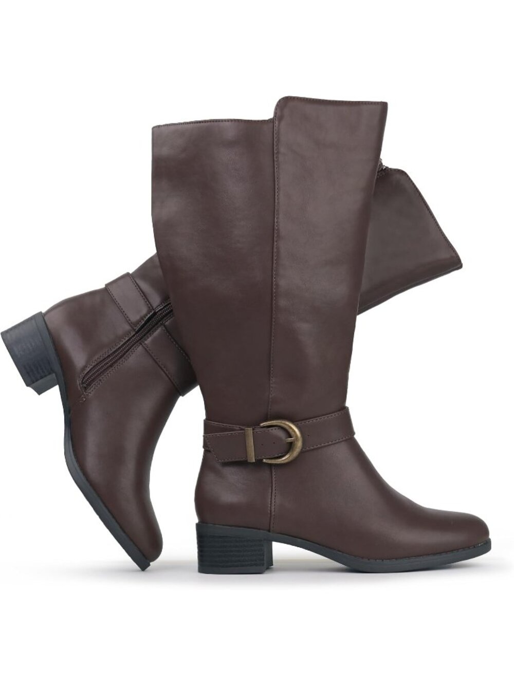 Women's Brown/Wool Wide Calf Pull On Side Zipper Knee High Boots Pointed Toe